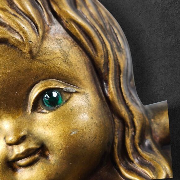 Vintage Gold Cherub Figurine w/ Green Rhinestone Eyes 8" x 6" Cottagecore Decor - Picture 7 of 10